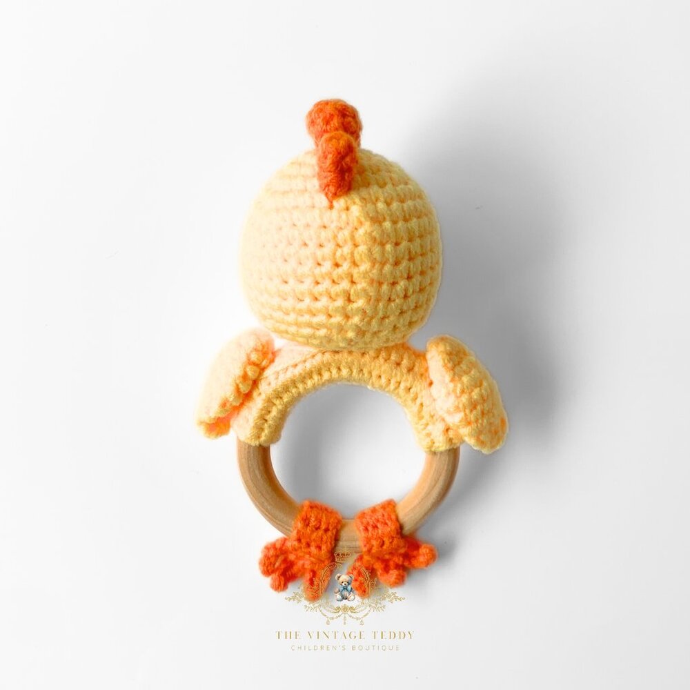 NWT Cute Handmade Crochet Chick Baby Rattle Baby & Toddler Wooden Plush Toys - Picture 2 of 3
